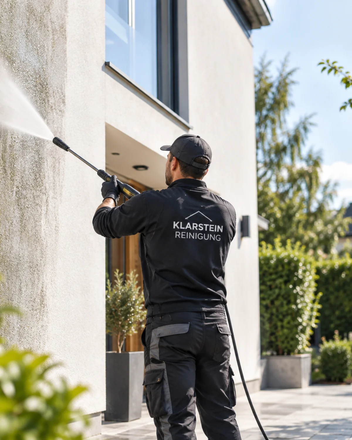 Fassaden & Steinreinigung - Klarstein Reinigung Klarstein-Mitarbeiter reinigt eine Putzfassade im Niederdruckverfahren