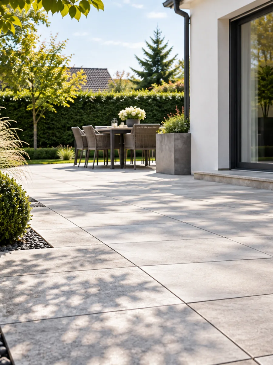 Fassaden & Steinreinigung - Klarstein Reinigung Gereinigte Terrasse aus hellen Betonsteinplatten