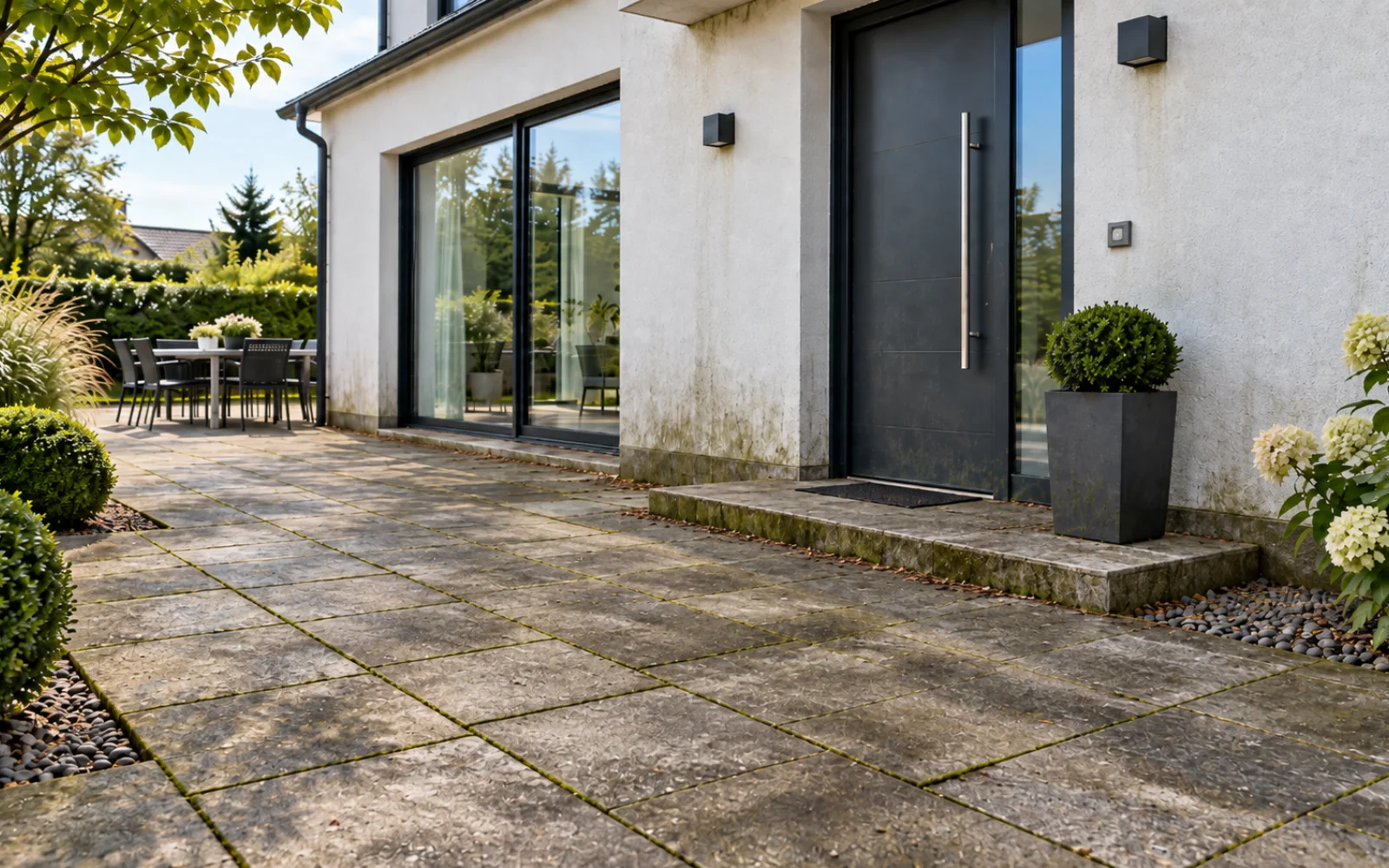 Verschmutzte Terrassenplatten vor der Reinigung
