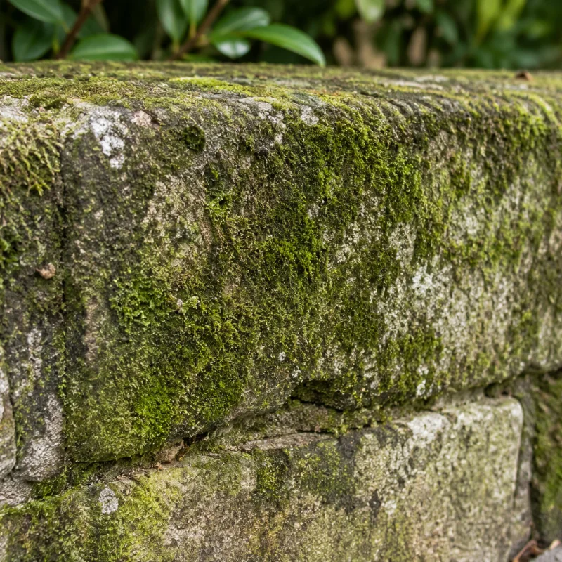 Fassaden & Steinreinigung - Klarstein Reinigung Moos auf einer Natursteinmauer vor der Reinigung